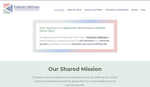 Call to action and mission section on the main page of Kalkstein Wellness